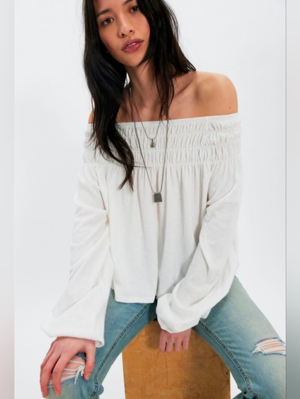 NWT We The Free Peaches Off-The-Shoulder Boho Blouse Clean Ivory Top Size L 